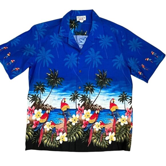 Vtg Pacific Legend Men XL Hawaiian Floral Shirt Island Macaw Tropical Bird Palms - Picture 1 of 16